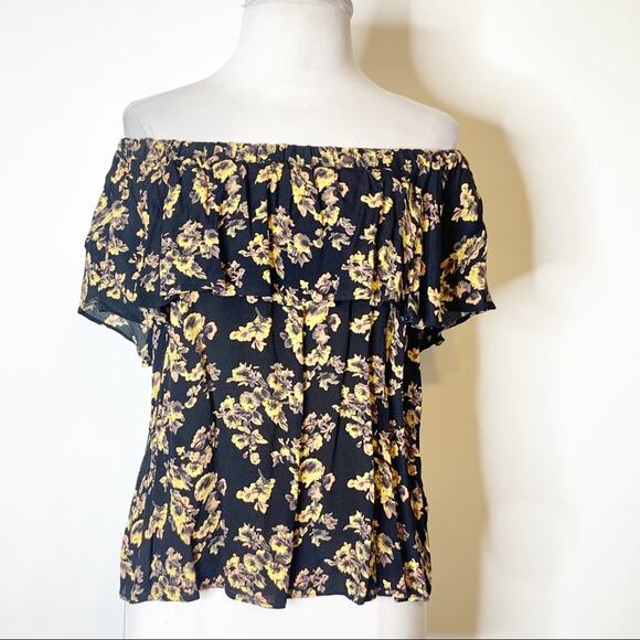 Blue life floral print off the shoulder ruffle blouse revolve black yellow XS - Picture 5 of 9